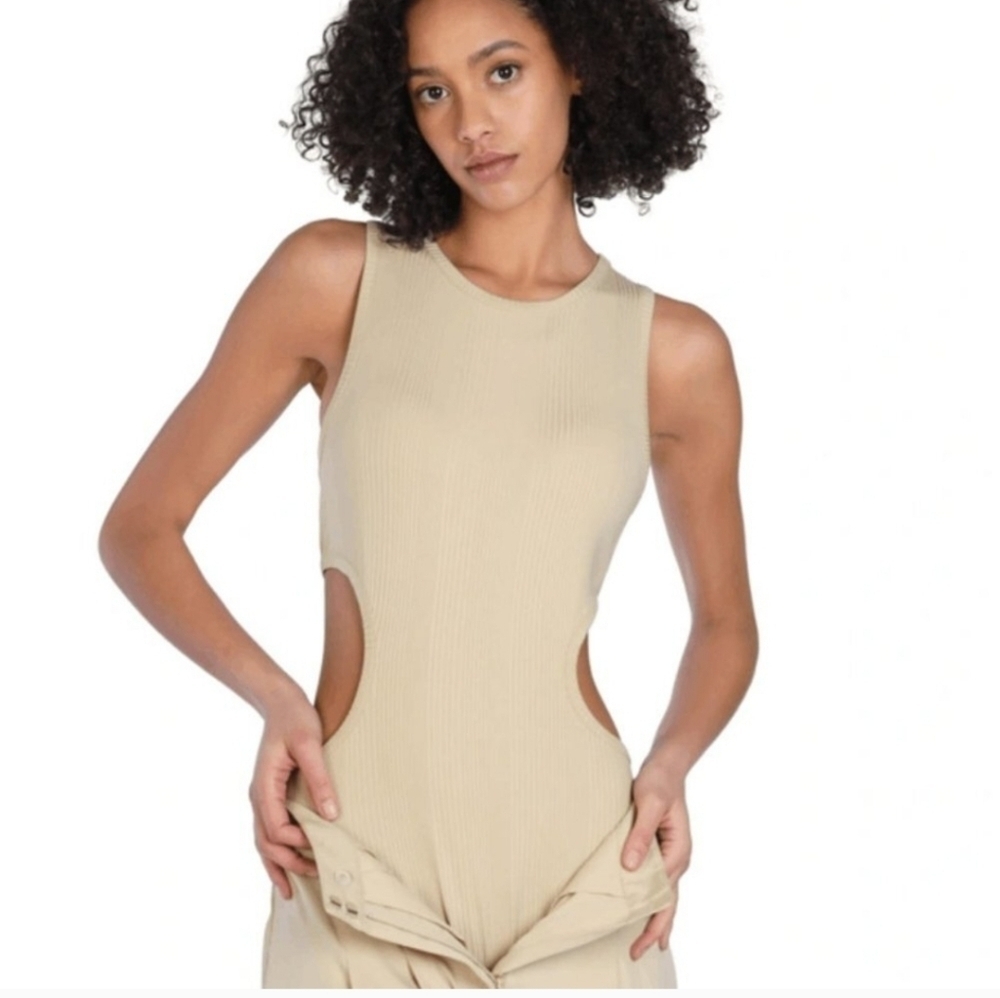 BAR III Nicole Williams English Cutout Ribbed Bodysuit in Khaki Plus Size XXL